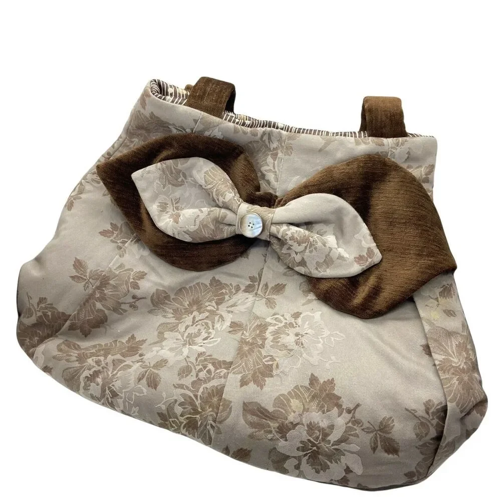 Handmade Purse Bag Tote CottageCore Crafty Goddess Retro Chic Brown Tan Fabric